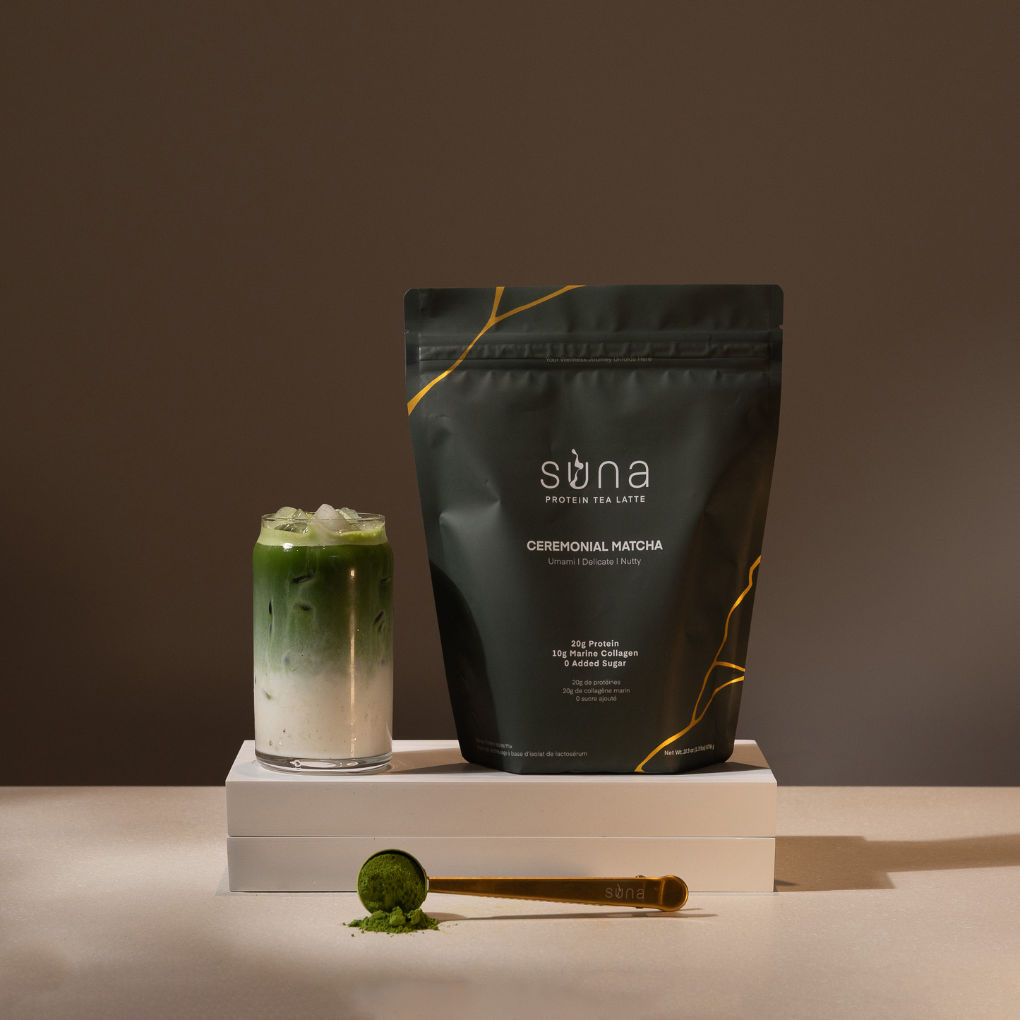 Suna Matcha protein latte – stone-milled green tea with 20g protein and glowing green color