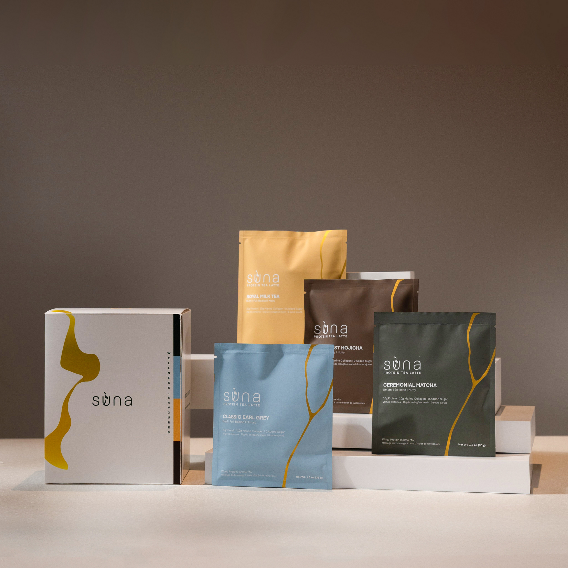 Suna 16-Pack Assorted Protein Tea Latte Sachets – Matcha, Hojicha, Earl Grey, and Royal Milk Tea with collagen and 20g protein per serving