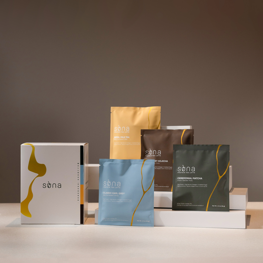 Suna 16-Pack Assorted Protein Tea Latte Sachets – Matcha, Hojicha, Earl Grey, and Royal Milk Tea with collagen and 20g protein per serving