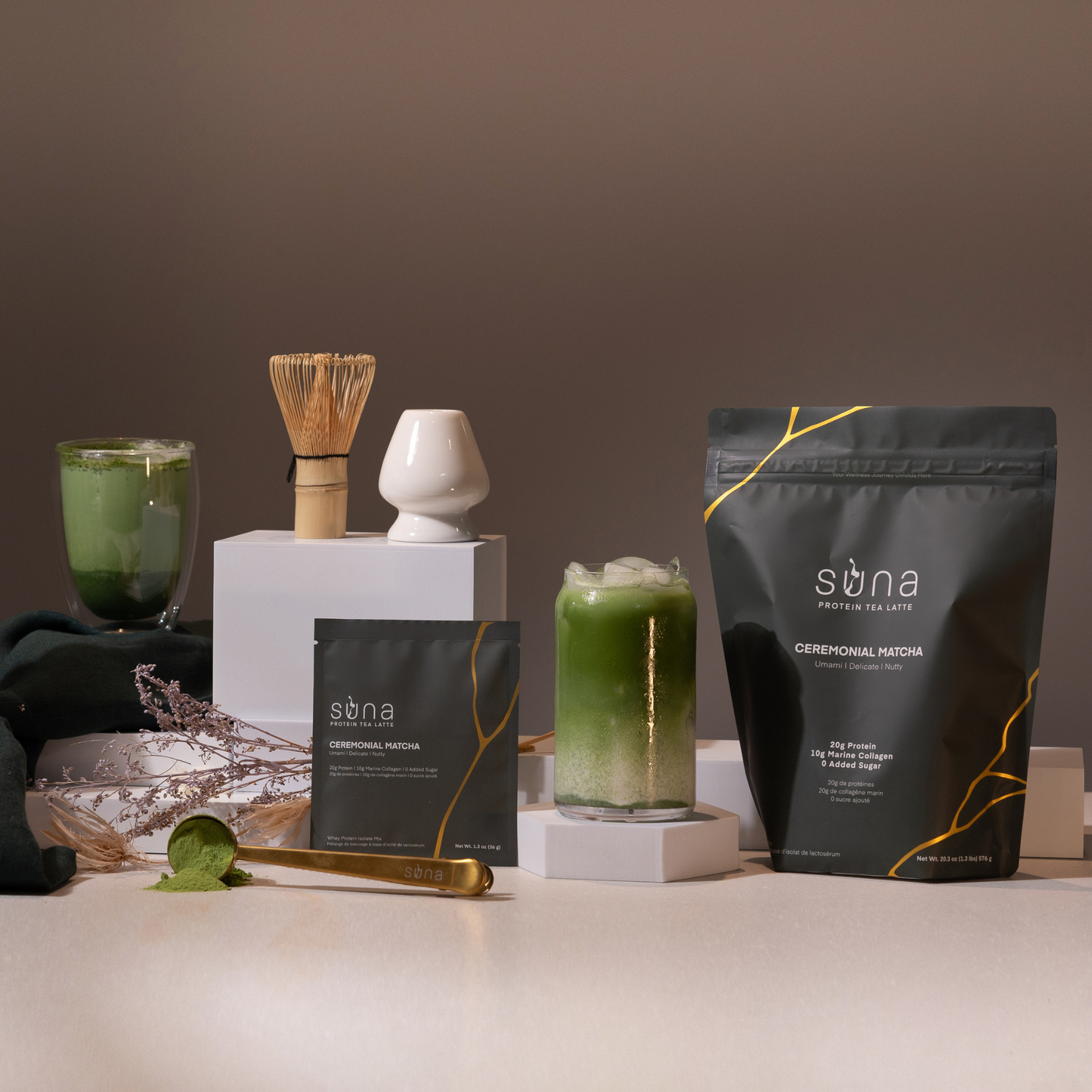 Premium Japanese matcha with protein and marine collagen – whisked latte in ceramic bowl
