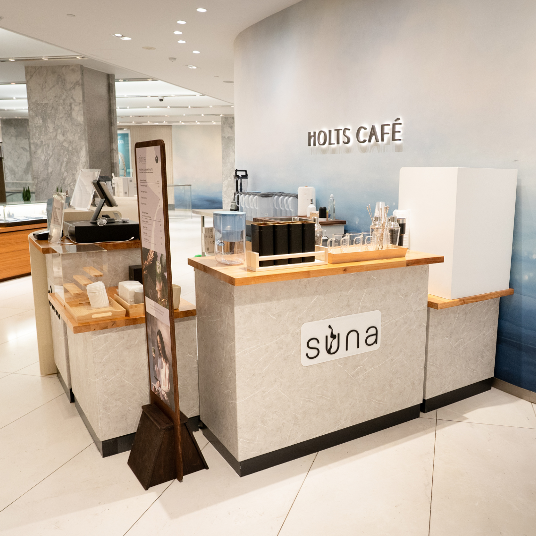 Suna protein tea Latte with collagen. Picture of a Suna Cafe at Holt Renfrew Vancouver