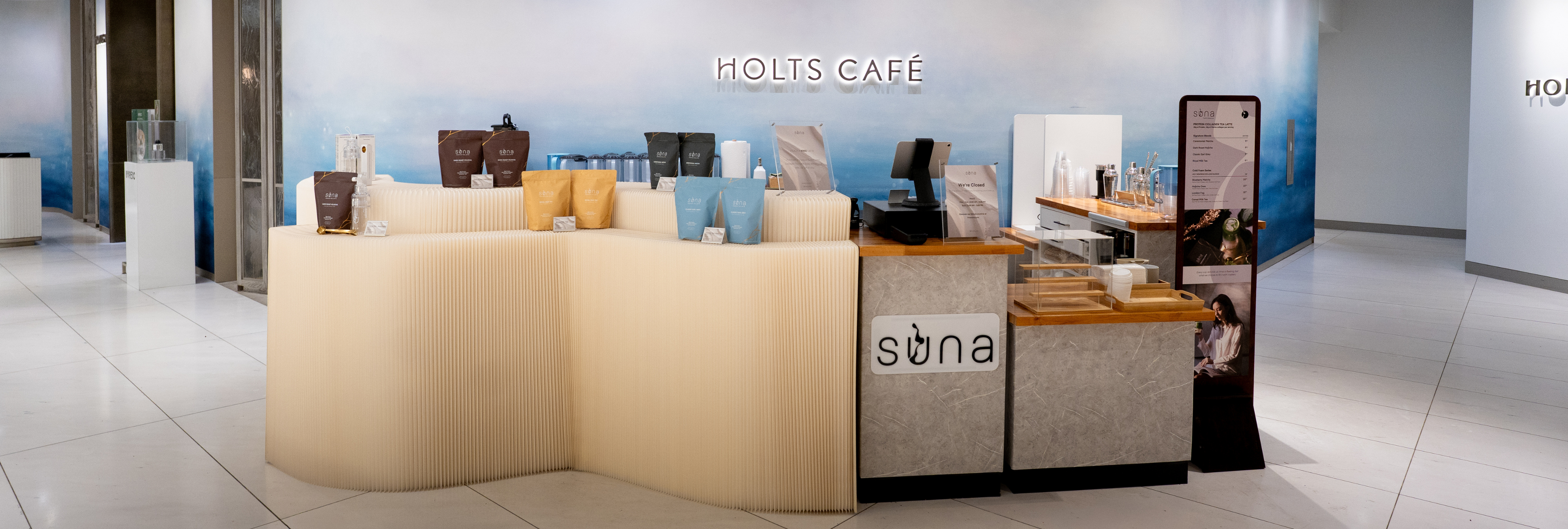 Suna protein tea Latte with collagen. Picture of a Suna Cafe at Holt Renfrew Vancouver