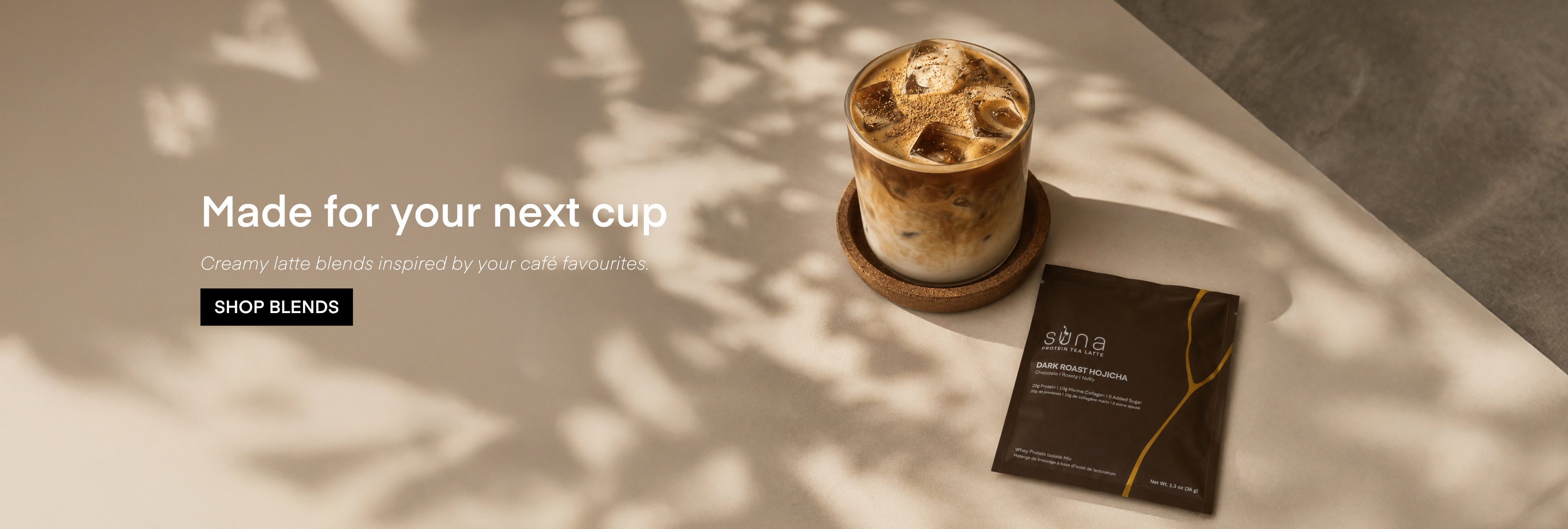 Suna protein tea latte boosted with Marine Collagen and Whey protein. Beautifully placed on an cup with Ice. 